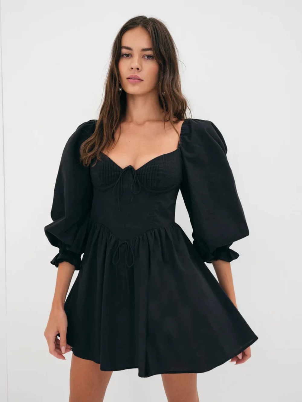 For Love & Lemons Ruth Black Puff-Sleeve Mini Dress